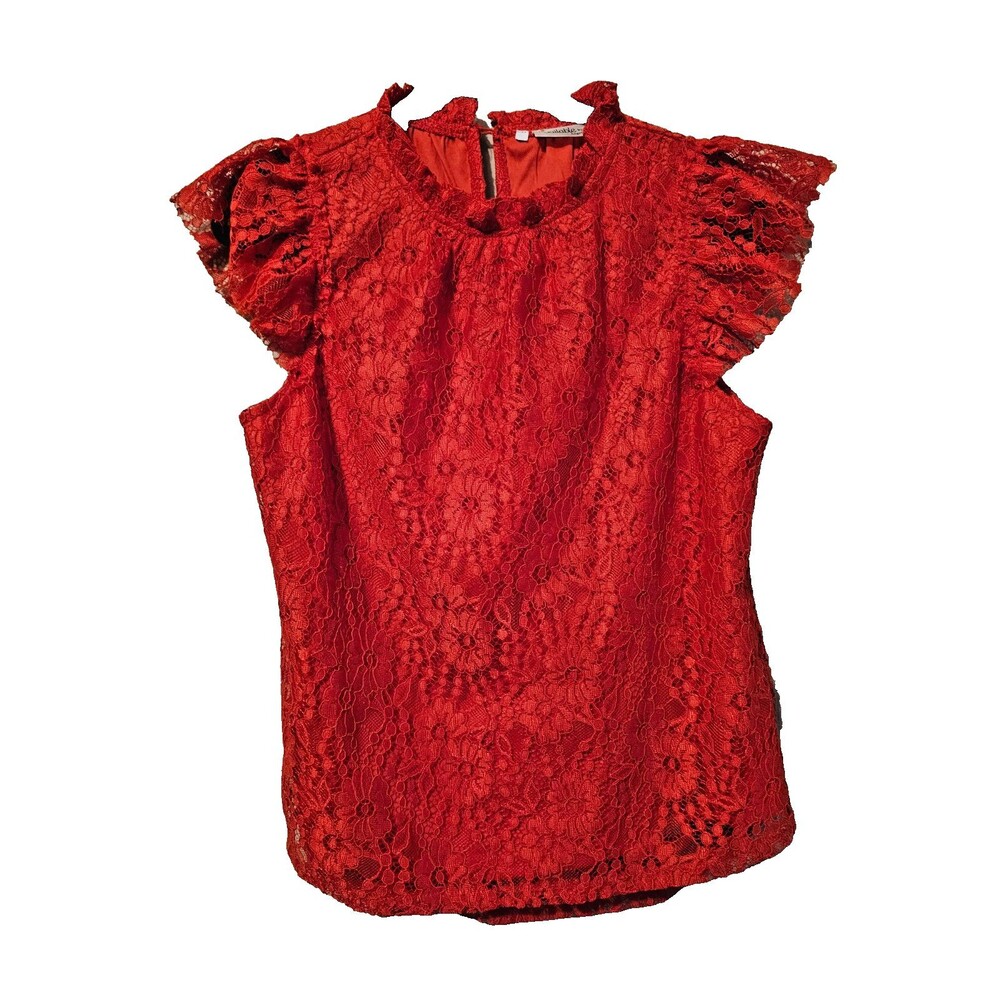Cap sleeve romantic Lace Red blouse, Size Large-Angela fashion